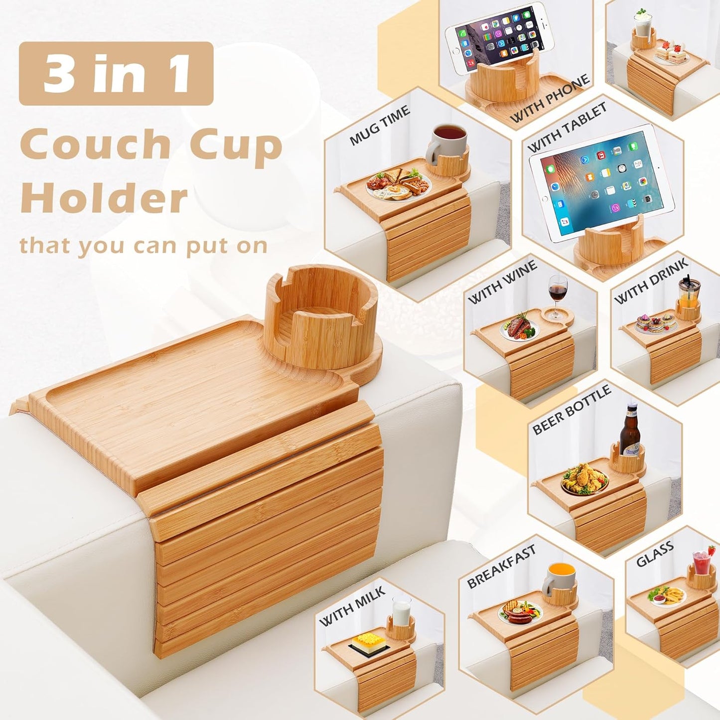 Bamboo Couch Cup Holder Tray