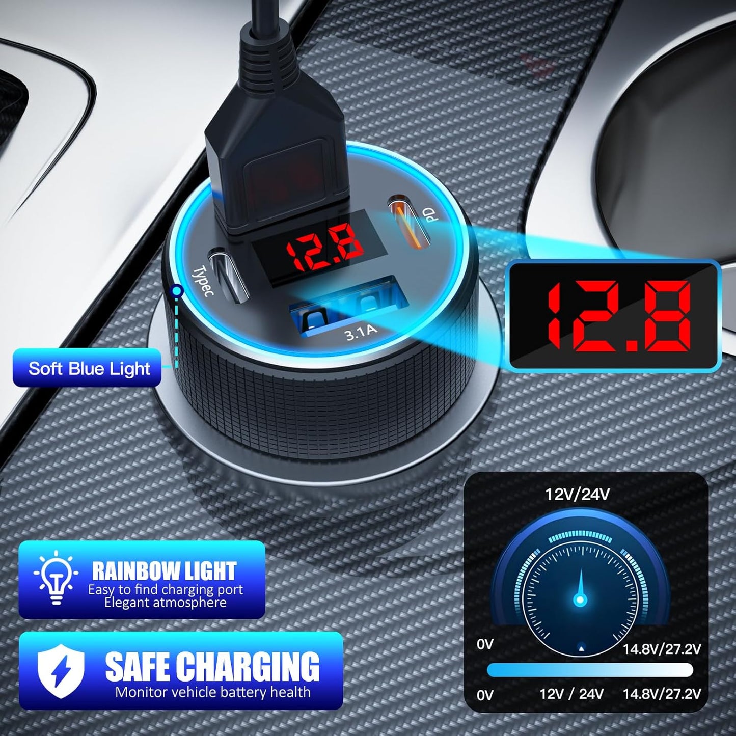 USB C Car Charger 4-Ports PD 30W QC3.0 Voltage Meter