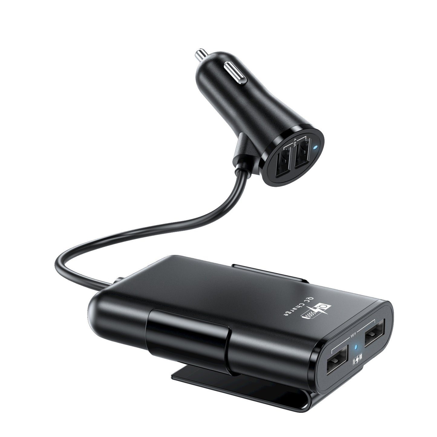 QC 3.0 USB 4 Ports Car Charger with backseat clip cord
