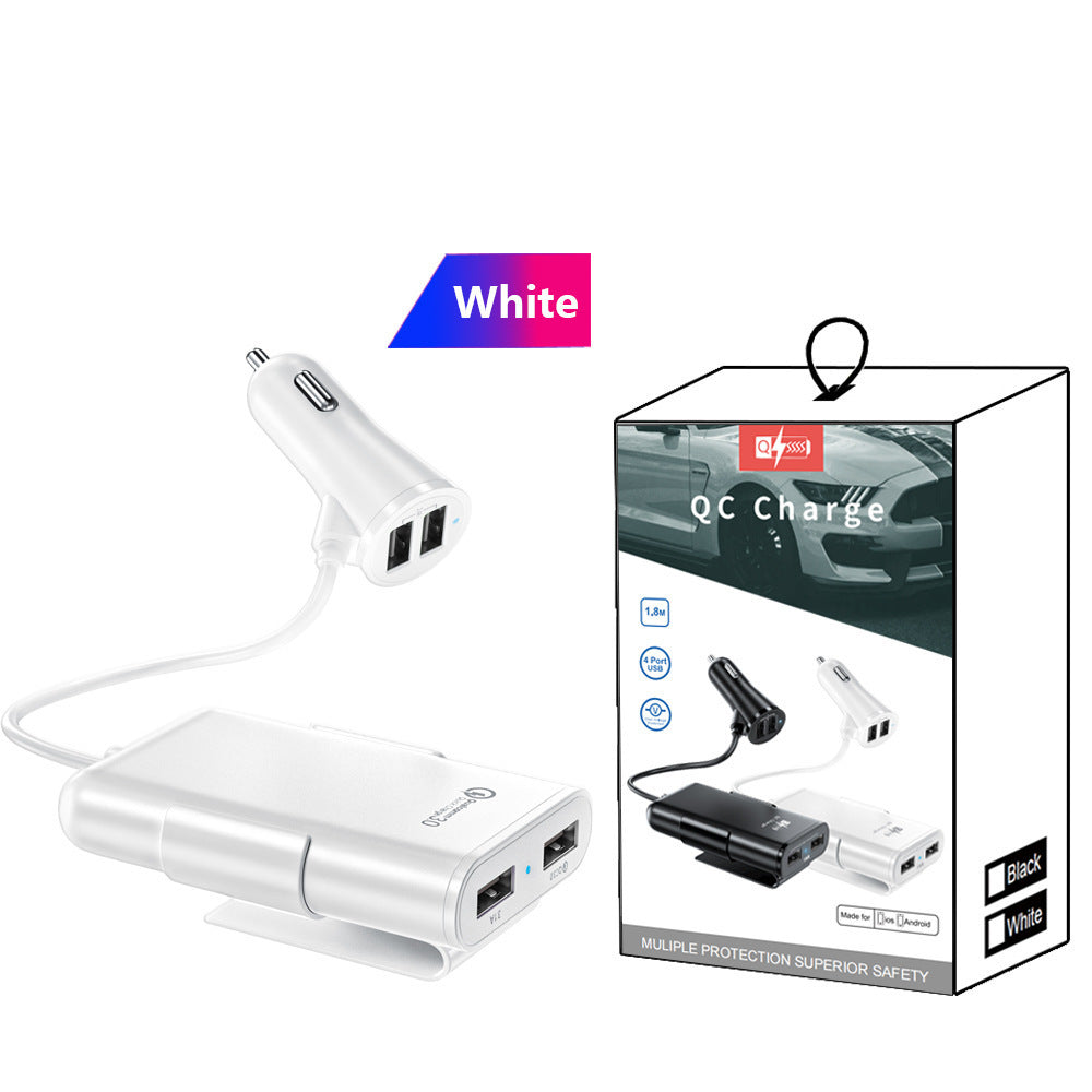 QC 3.0 USB 4 Ports Car Charger with backseat clip cord