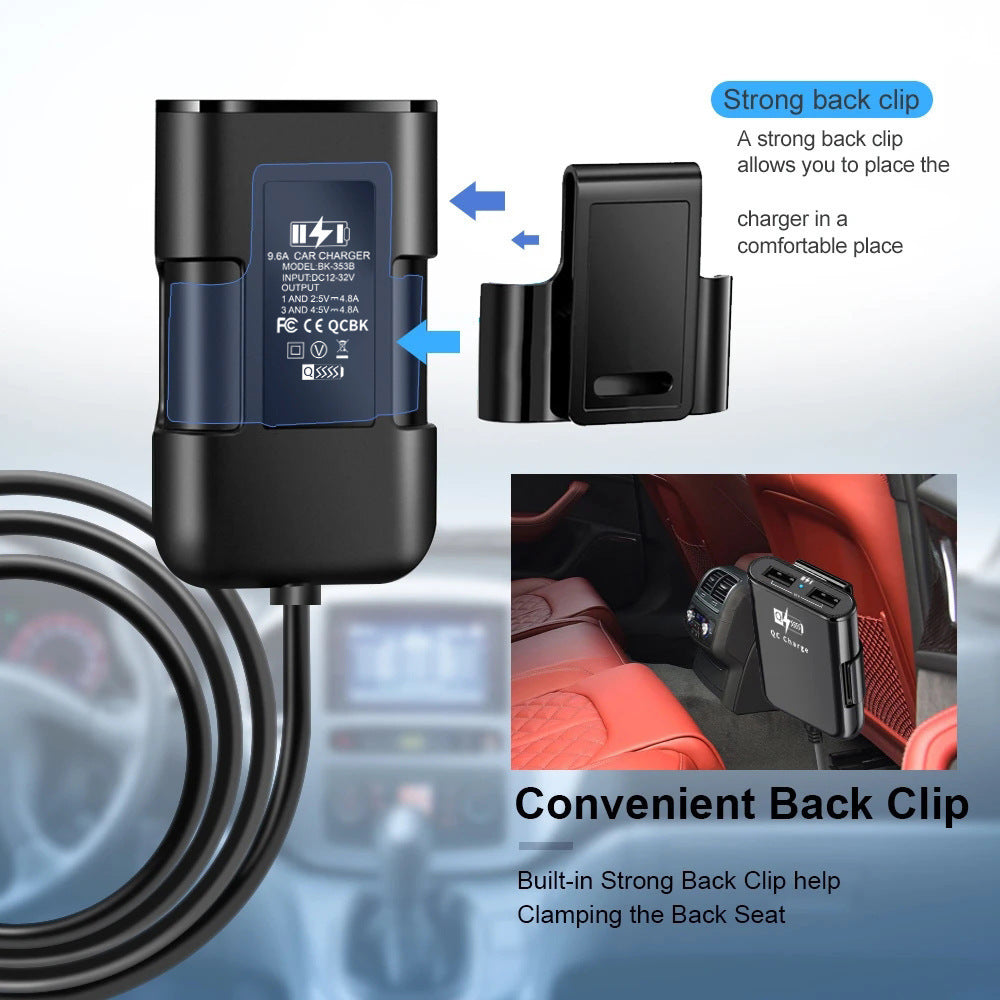 QC 3.0 USB 4 Ports Car Charger with backseat clip cord