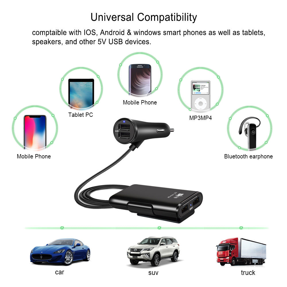 QC 3.0 USB 4 Ports Car Charger with backseat clip cord