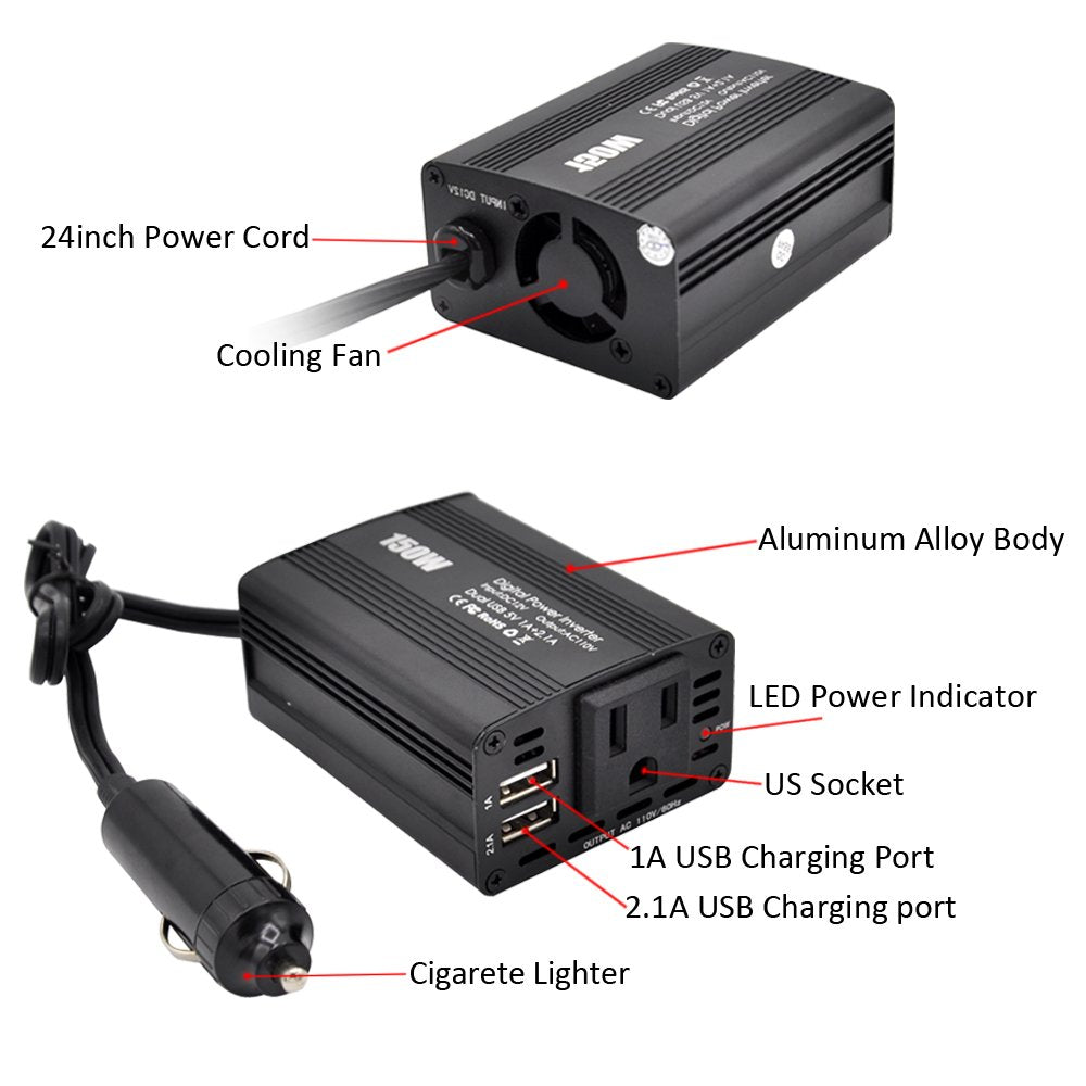150W Car Power Inverter Dual USB Car Charger