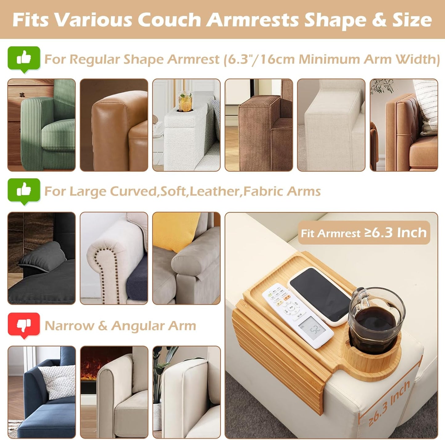 Bamboo Couch Cup Holder Tray