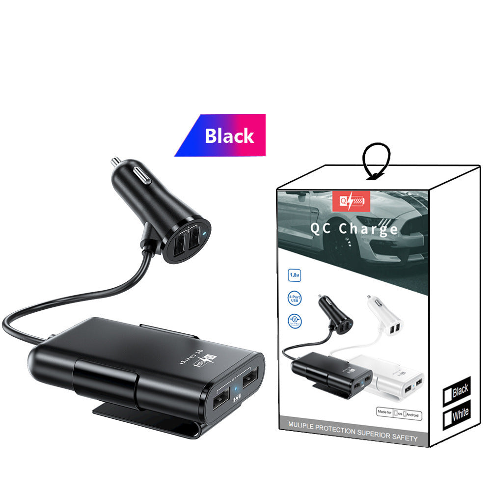 QC 3.0 USB 4 Ports Car Charger with backseat clip cord