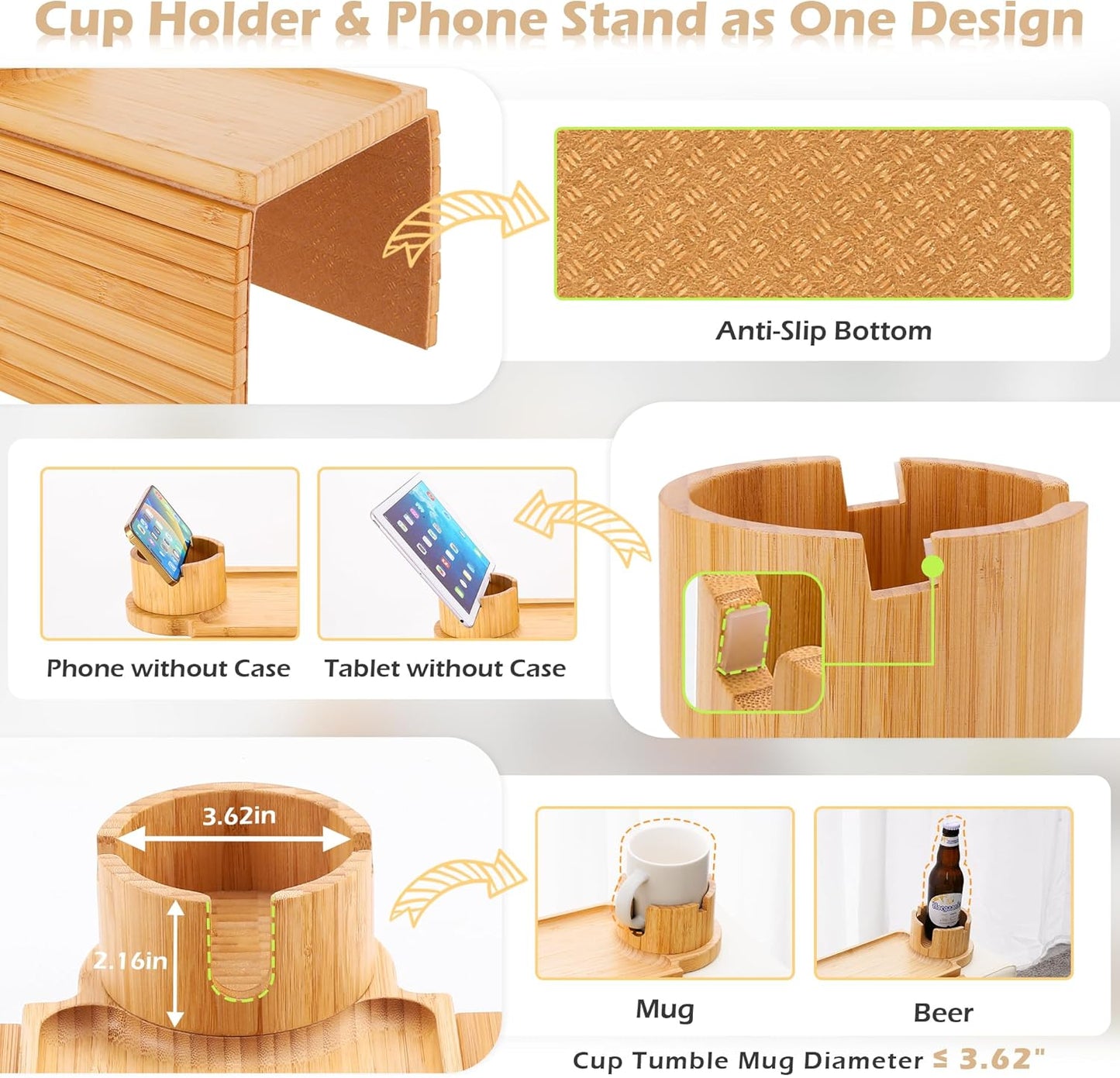 Bamboo Couch Cup Holder Tray