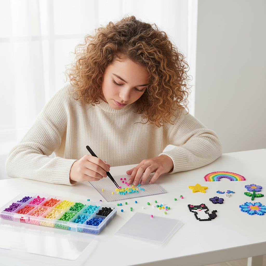 Young girl placing 2.6mm mini fuse beads on pegboard with tweezers, colorful bead storage box and completed pixel art pieces on white desk