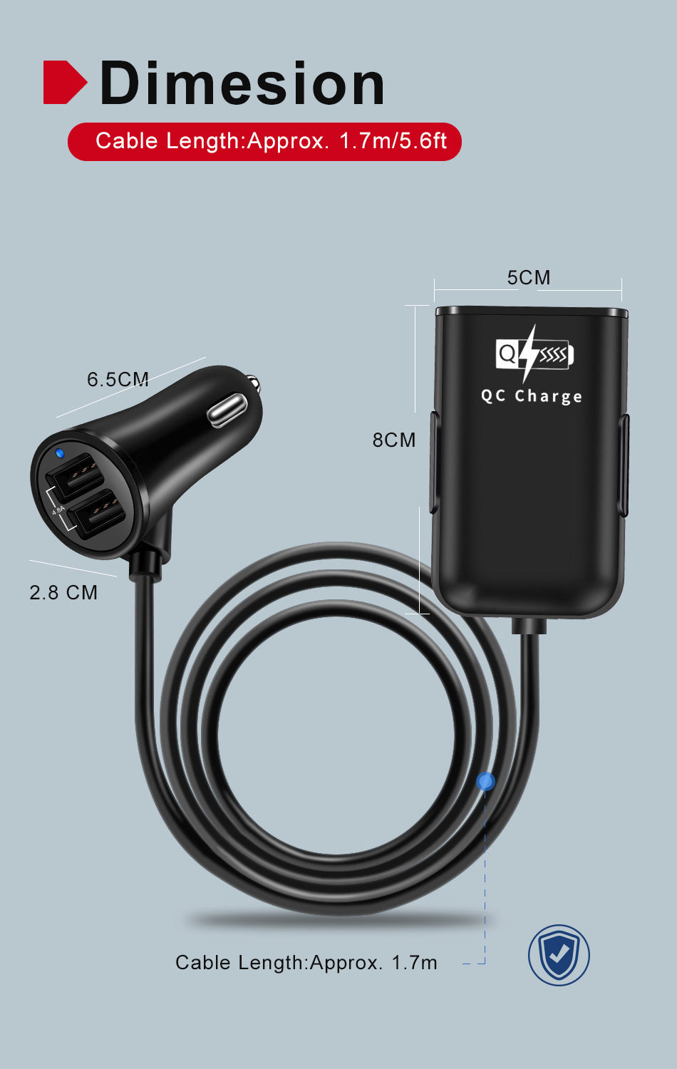 QC 3.0 USB 4 Ports Car Charger with backseat clip cord