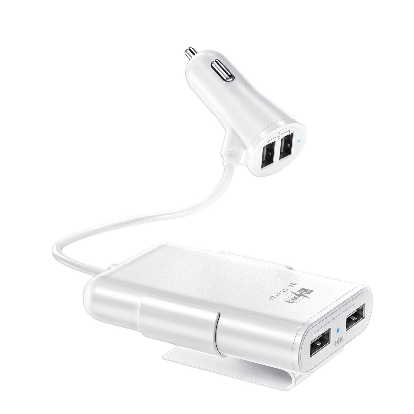 QC 3.0 USB 4 Ports Car Charger with backseat clip cord