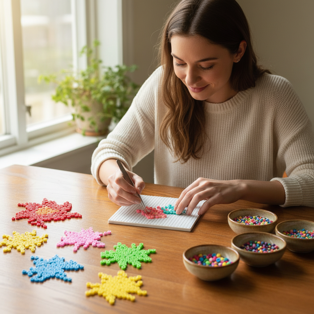 Woman smiling and creating colorful fuse bead pixel art at a wooden table by the window
