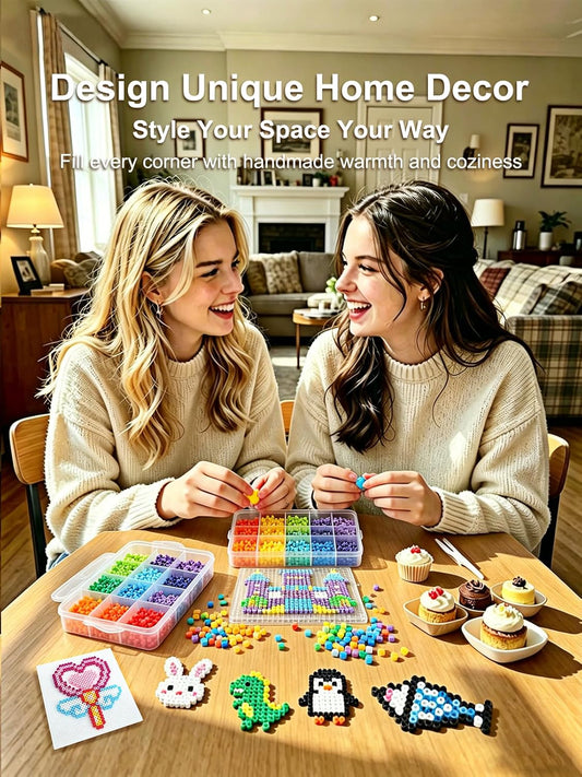 Two young women smiling and creating pixel art with colorful fuse beads together at a wooden table