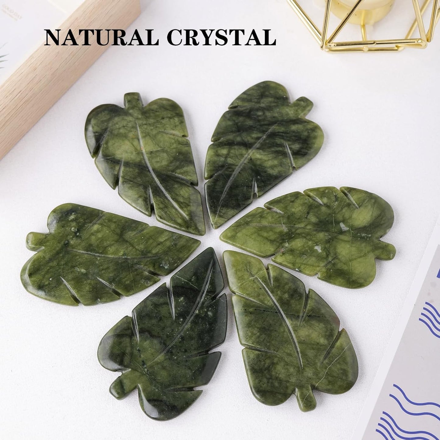 Natural Crystal Jade Stone Hand-Carved Leaves Sculpture