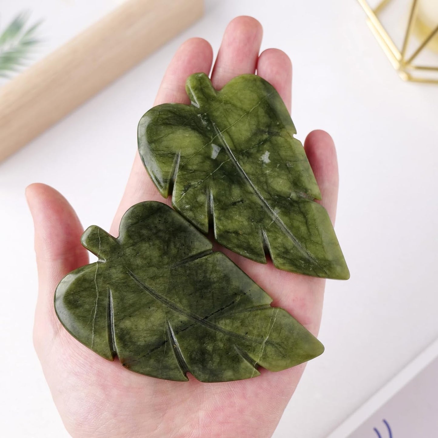 Natural Crystal Jade Stone Hand-Carved Leaves Sculpture