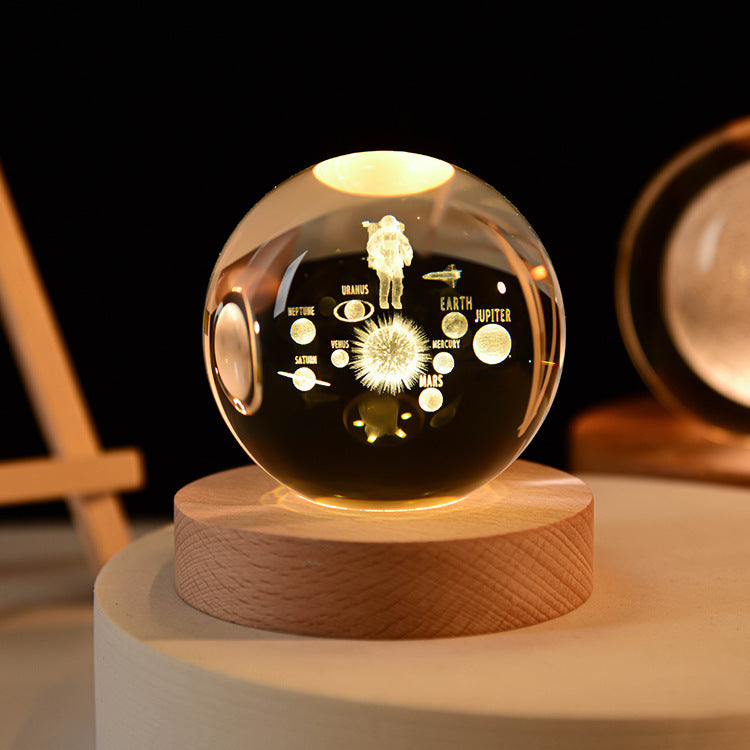 Solar System Crystal Ball 3D Globe with Wooden Base Night Light