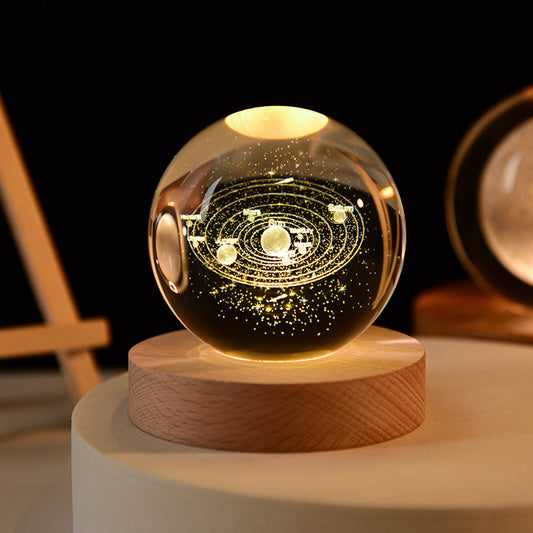 Solar System Crystal Ball 3D Globe with Wooden Base Night Light