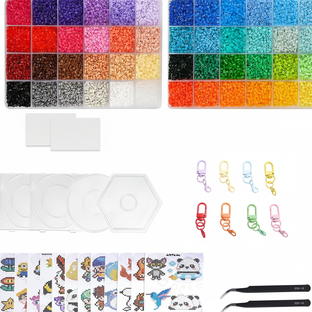 2.6mm Mini Fuse Beads Deluxe Set complete components: bead storage boxes, pegboards, ironing papers, pattern cards, tweezers and candy-color lobster clasp keychain clips