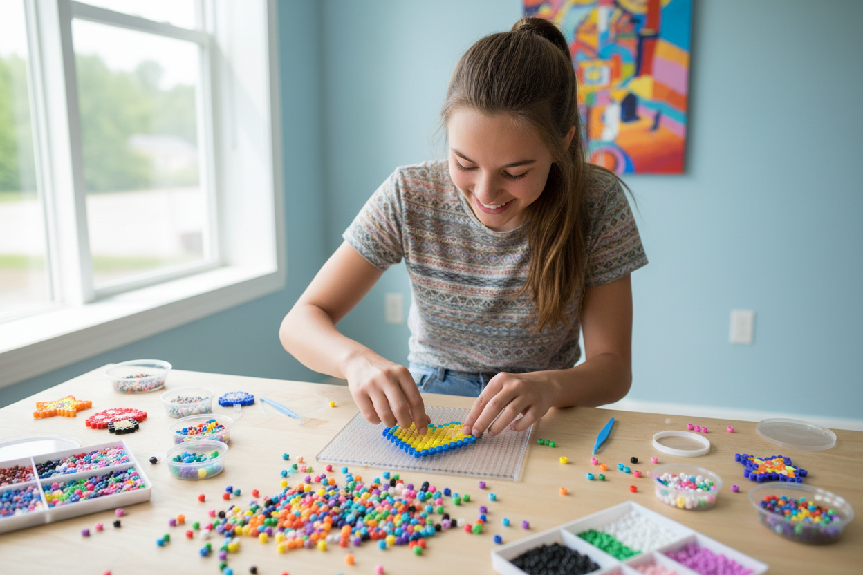 Teen creating pixel art with fuse beads starter kit