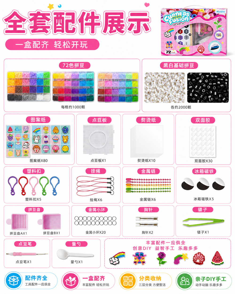 Complete 72-Color 2.6mm Fuse Bead Kit – 76,000pcs with Tools & Accessories + FREE Surprise Coaster Kit