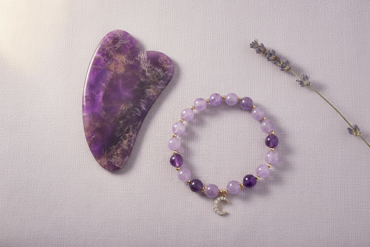 Amethyst Ritual Set – gua sha stone and crystal healing bracelet on lavender linen