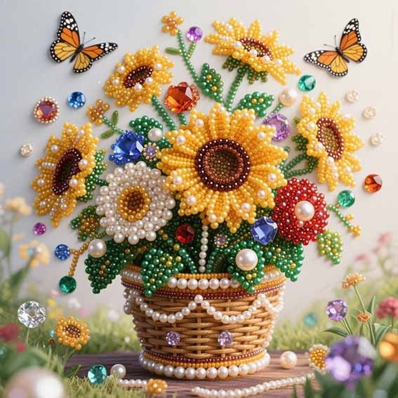 Sunflower Basket Pearl and Gem Diamond Painting Design
