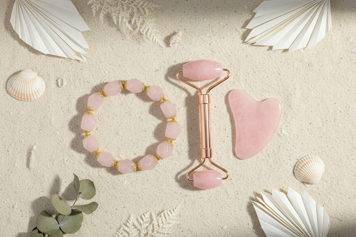 Rose Quartz Love Set – Gua Sha Roller, Board & Crystal Bracelet