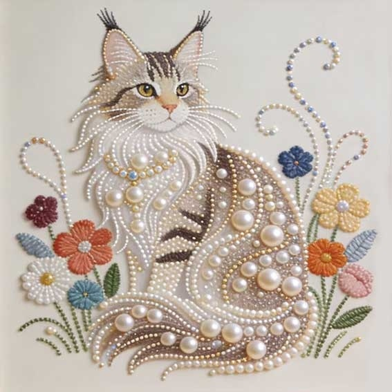 Maine Coon Cat Framed Pearl Diamond Painting 25x25cm