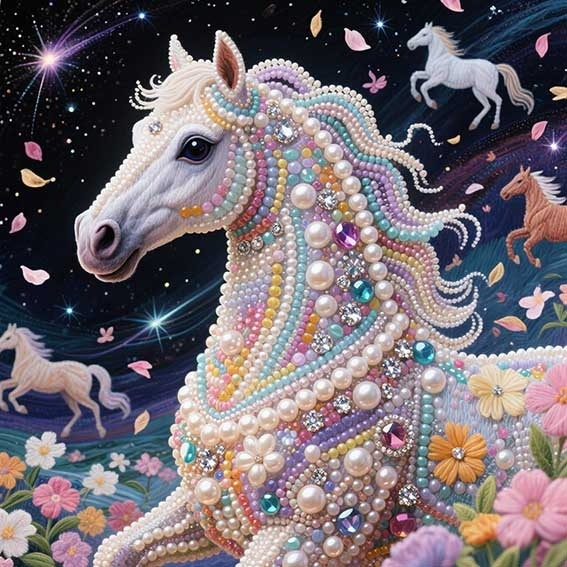 Starlight White Horse Pearl and Rhinestone Diamond Painting Design
