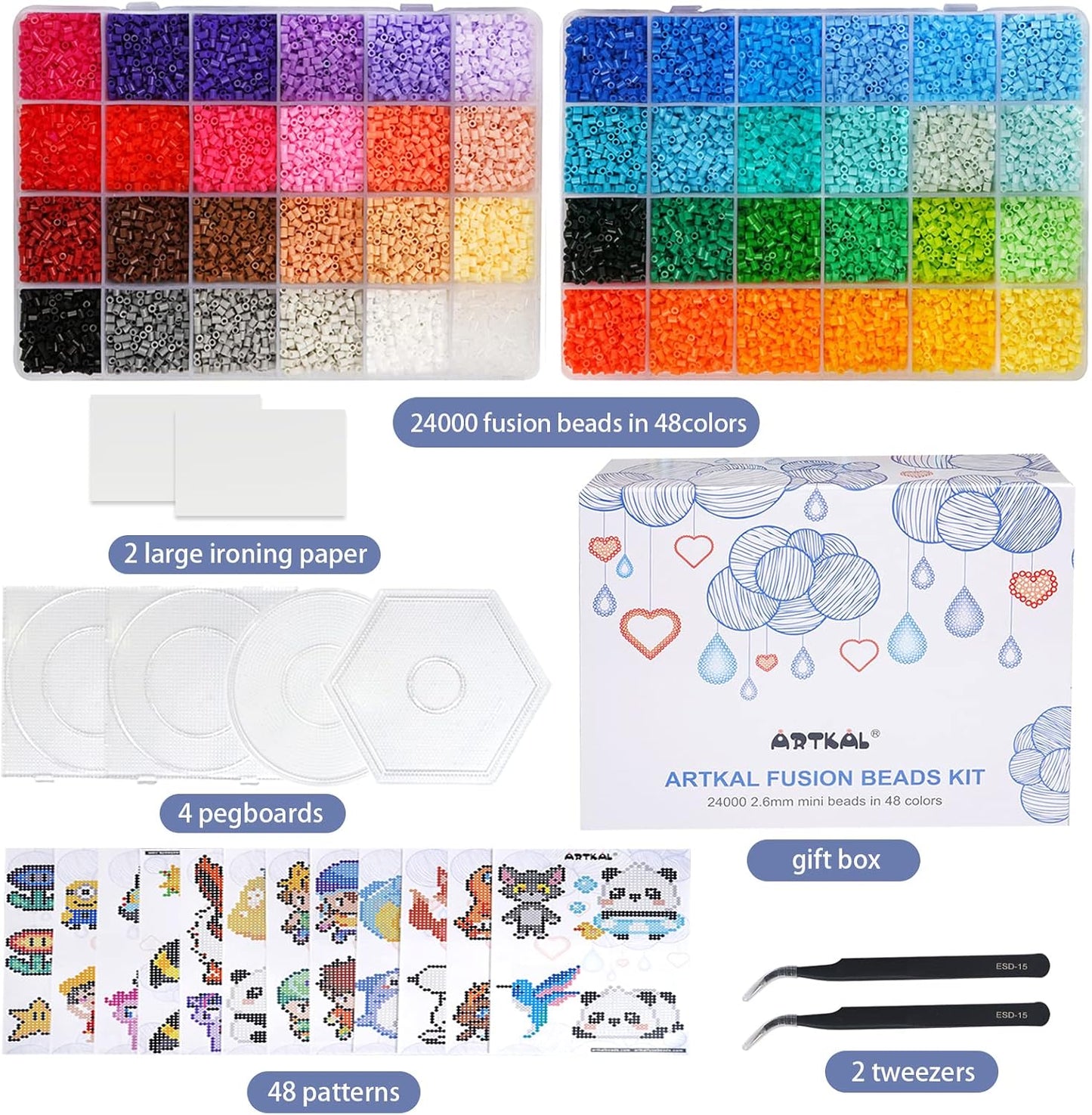2.6mm Mini Fuse Beads Deluxe Set – 48 Colors 24,000pcs | Free Cat Paw Scoop + Pastel Charms