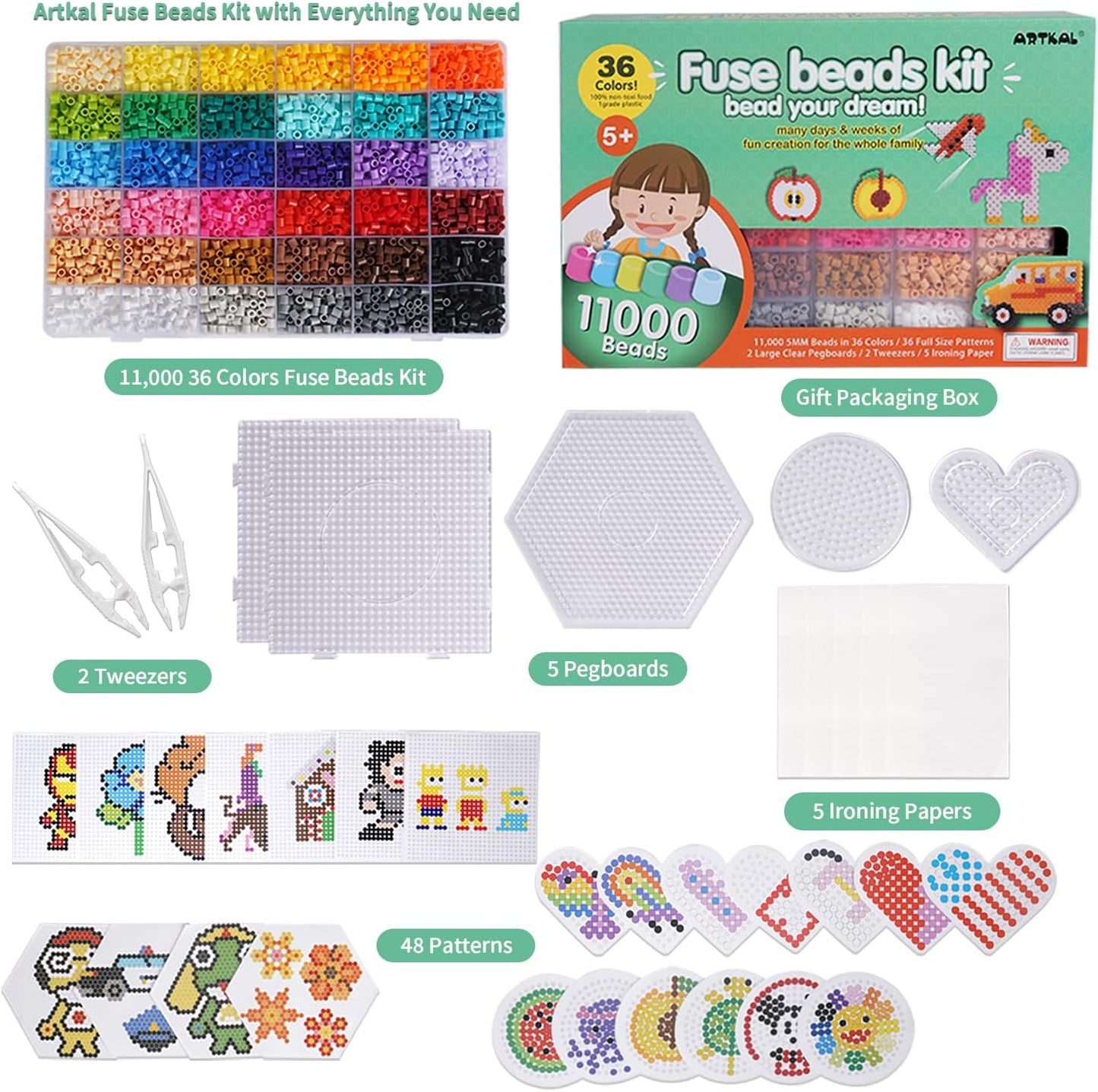 11,000pcs Fuse Beads Kit – 36 Colors + 2 FREE Refill Packs